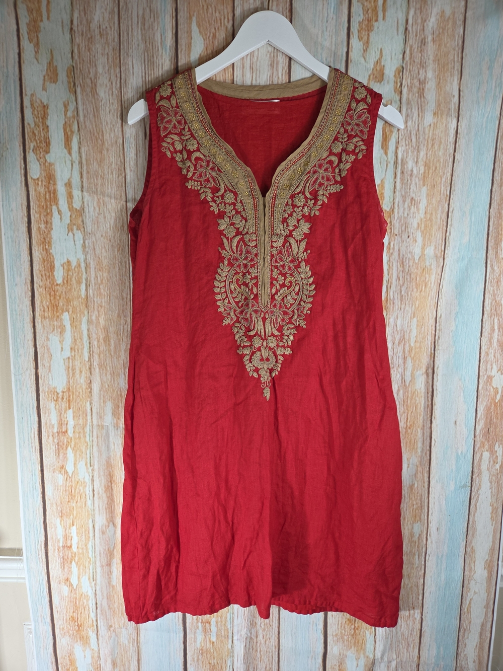 Linen & More Red Sleeveless Kurta/Tunic with Gold Embroidered V-Neck. Size L